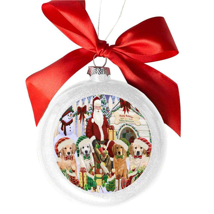 Happy Holidays Christmas Golden Retrievers Dog House Gathering White Round Ball Christmas Ornament WBSOR49704