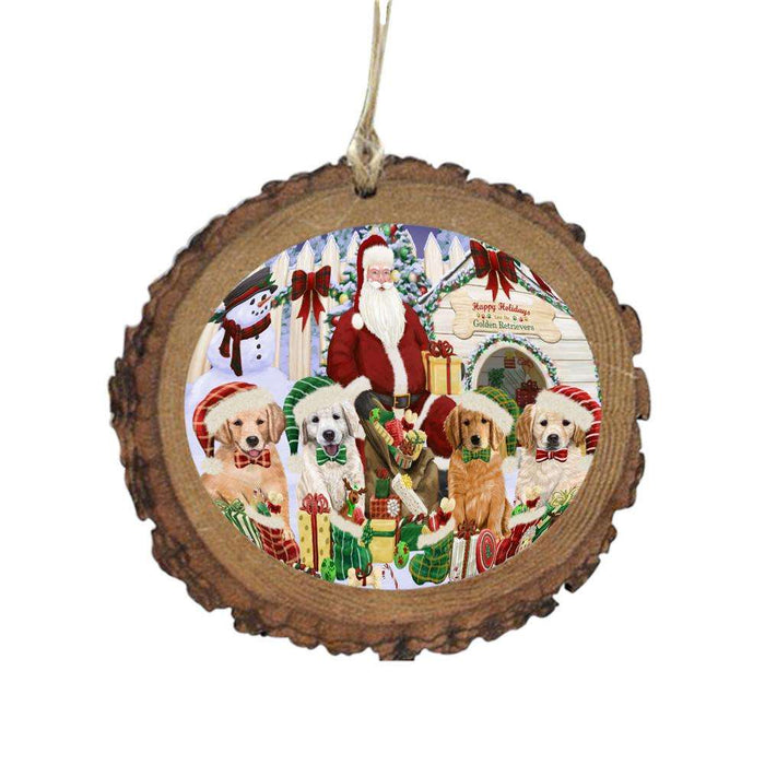 Happy Holidays Christmas Golden Retrievers Dog House Gathering Wooden Christmas Ornament WOR49704
