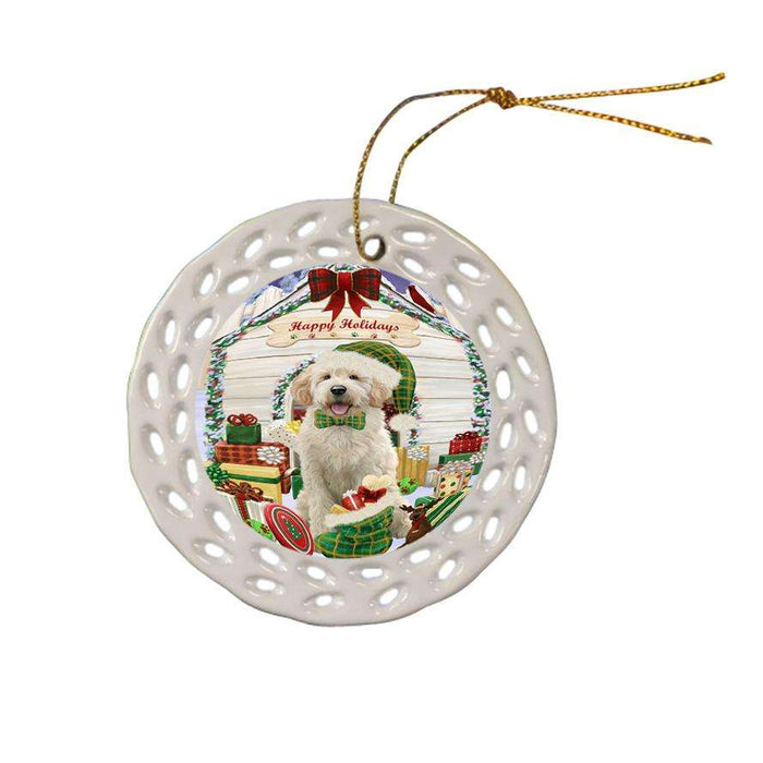Happy Holidays Christmas Goldendoodle Dog With Presents Ceramic Doily Ornament DPOR52654