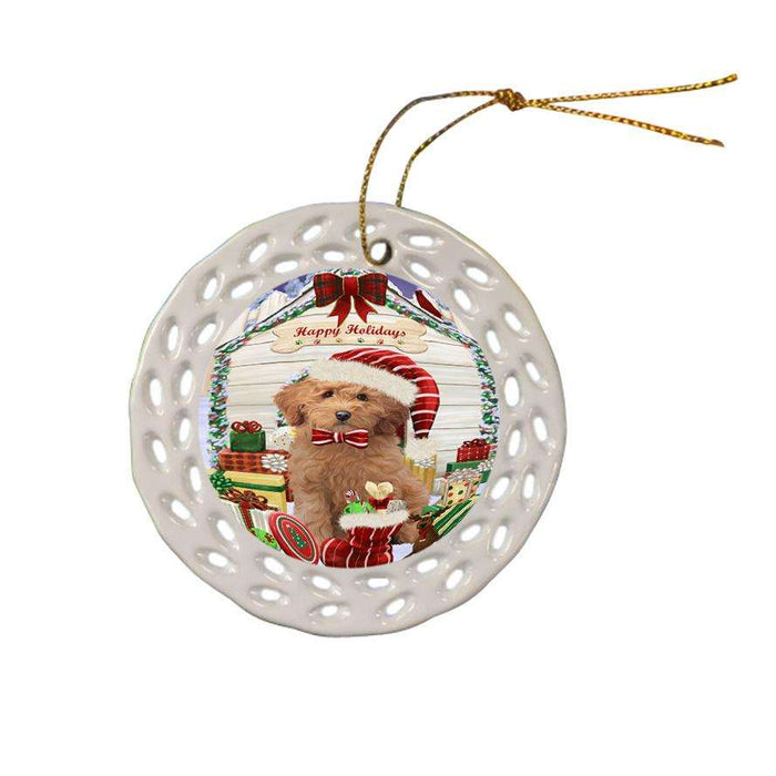 Happy Holidays Christmas Goldendoodle Dog With Presents Ceramic Doily Ornament DPOR52657