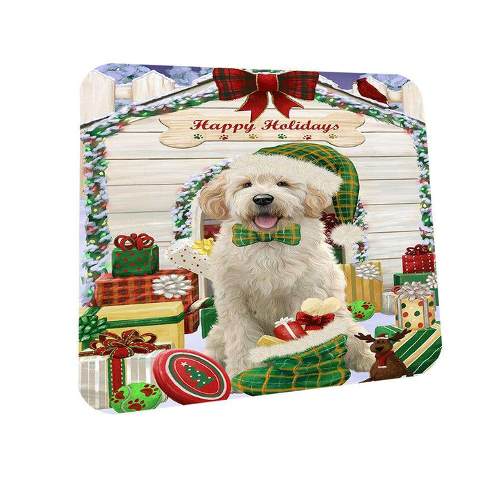 Happy Holidays Christmas Goldendoodle Dog With Presents Coasters Set of 4 CST52613