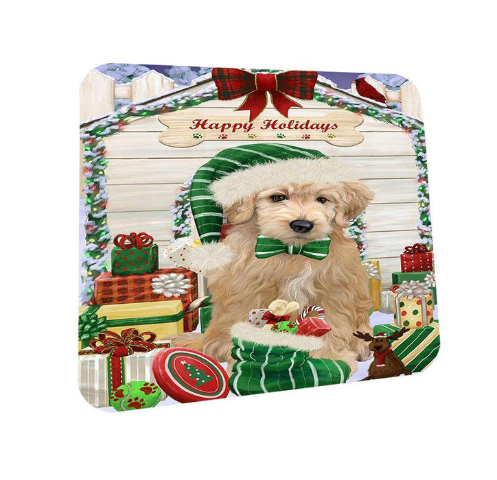 Happy Holidays Christmas Goldendoodle Dog With Presents Coasters Set of 4 CST52614