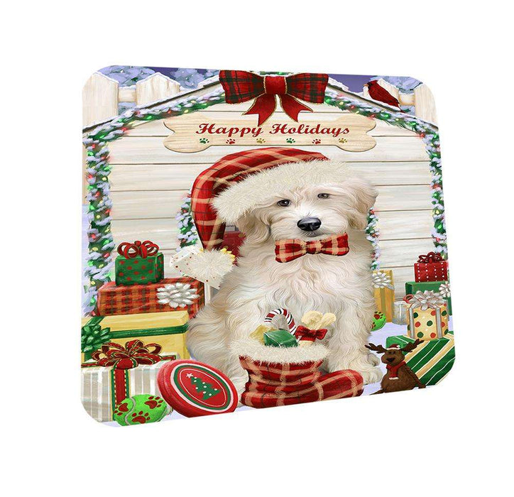 Happy Holidays Christmas Goldendoodle Dog With Presents Coasters Set of 4 CST52615