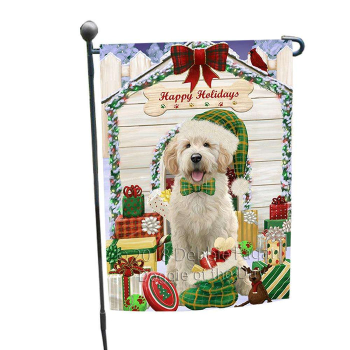 Happy Holidays Christmas Goldendoodle Dog With Presents Garden Flag GFLG52599