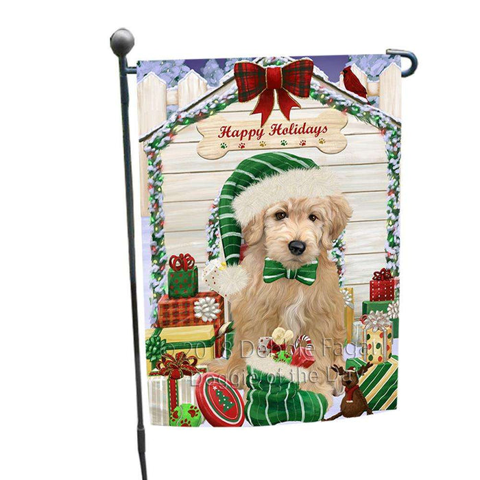 Happy Holidays Christmas Goldendoodle Dog With Presents Garden Flag GFLG52600