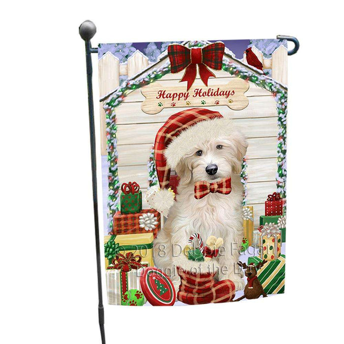 Happy Holidays Christmas Goldendoodle Dog With Presents Garden Flag GFLG52601