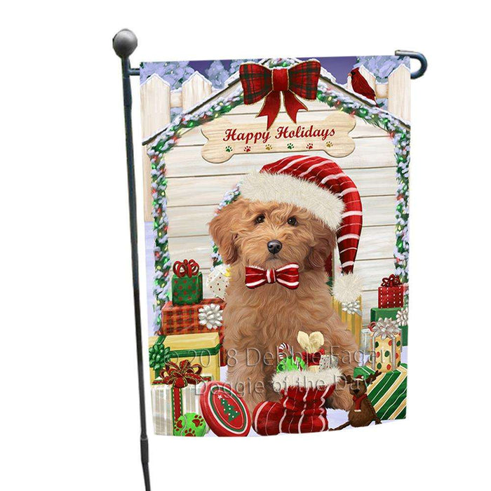 Happy Holidays Christmas Goldendoodle Dog With Presents Garden Flag GFLG52602