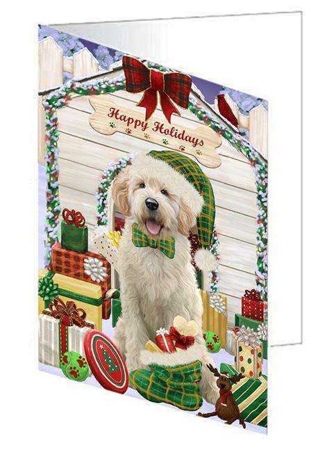 Happy Holidays Christmas Goldendoodle Dog With Presents Handmade Artwork Assorted Pets Greeting Cards and Note Cards with Envelopes for All Occasions and Holiday Seasons GCD61991