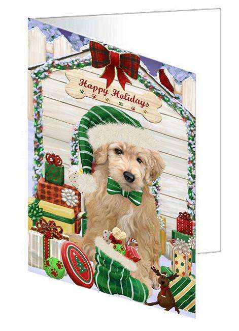 Happy Holidays Christmas Goldendoodle Dog With Presents Handmade Artwork Assorted Pets Greeting Cards and Note Cards with Envelopes for All Occasions and Holiday Seasons GCD61994