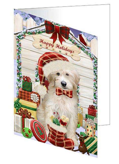 Happy Holidays Christmas Goldendoodle Dog With Presents Handmade Artwork Assorted Pets Greeting Cards and Note Cards with Envelopes for All Occasions and Holiday Seasons GCD61997
