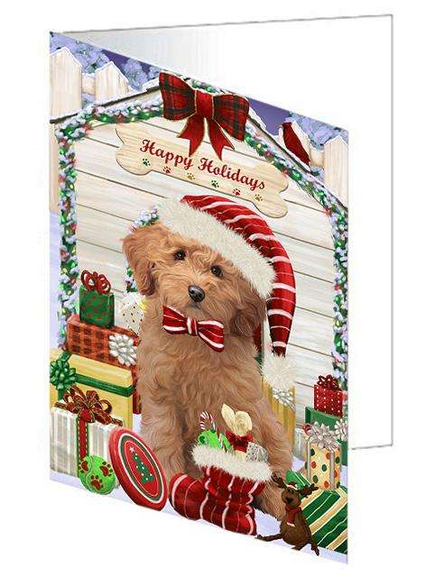Happy Holidays Christmas Goldendoodle Dog With Presents Handmade Artwork Assorted Pets Greeting Cards and Note Cards with Envelopes for All Occasions and Holiday Seasons GCD62000