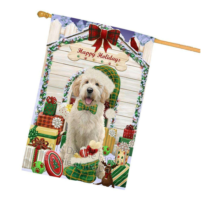 Happy Holidays Christmas Goldendoodle Dog With Presents House Flag FLG52735