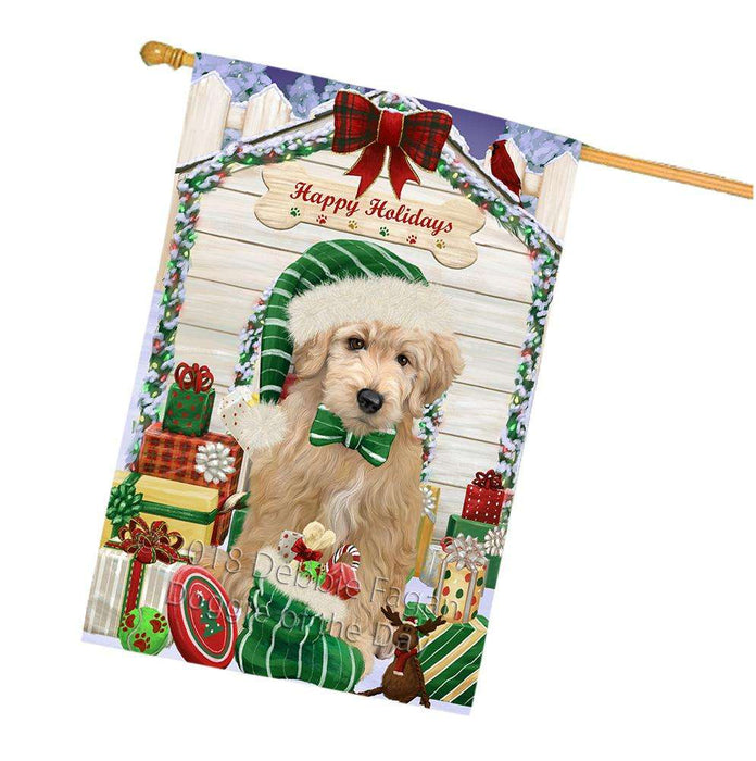 Happy Holidays Christmas Goldendoodle Dog With Presents House Flag FLG52736
