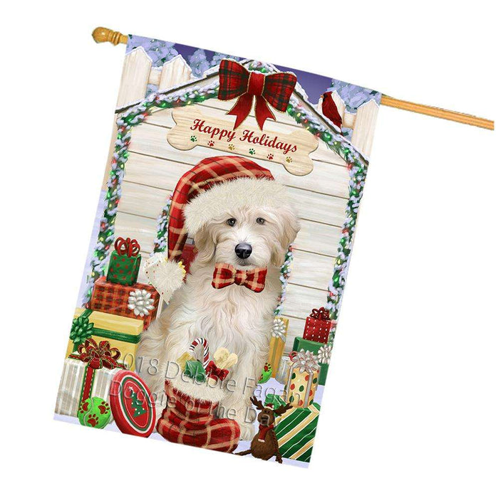 Happy Holidays Christmas Goldendoodle Dog With Presents House Flag FLG52737
