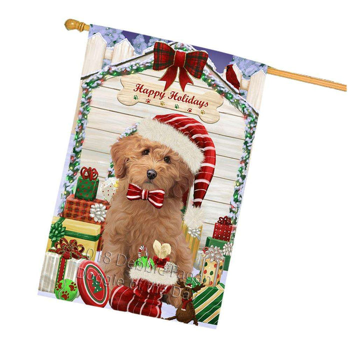 Happy Holidays Christmas Goldendoodle Dog With Presents House Flag FLG52738