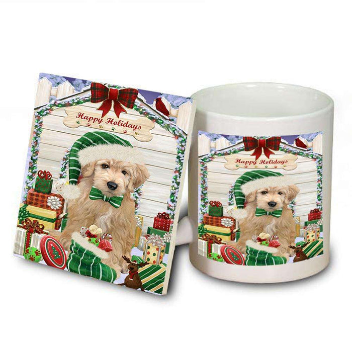 Happy Holidays Christmas Goldendoodle Dog With Presents Mug and Coaster Set MUC52647