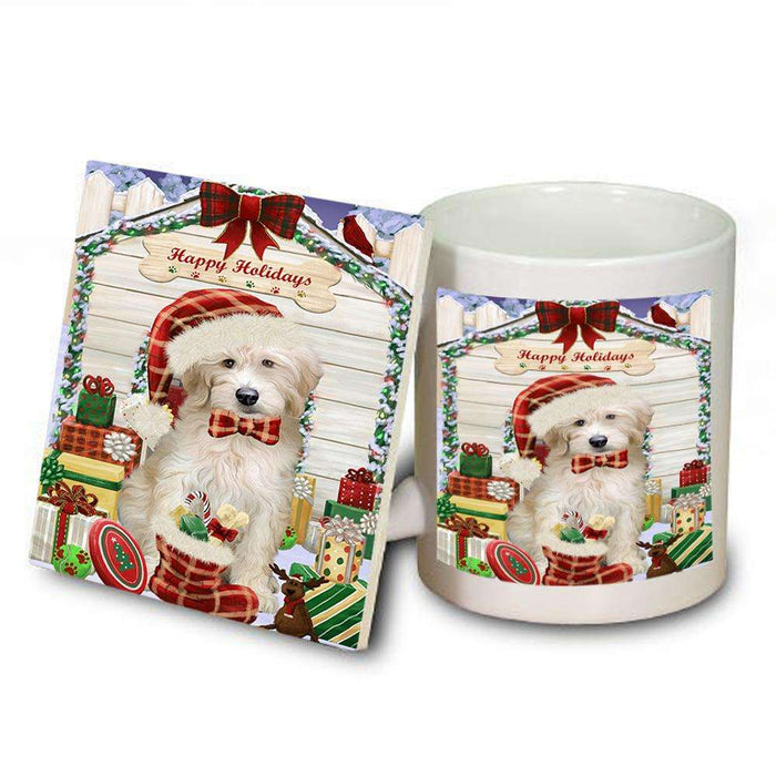 Happy Holidays Christmas Goldendoodle Dog With Presents Mug and Coaster Set MUC52648
