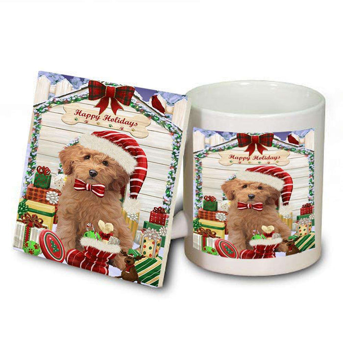Happy Holidays Christmas Goldendoodle Dog With Presents Mug and Coaster Set MUC52649