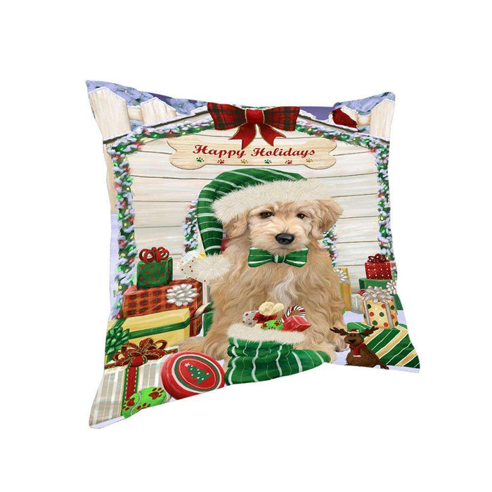 Happy Holidays Christmas Goldendoodle Dog With Presents Pillow PIL66776