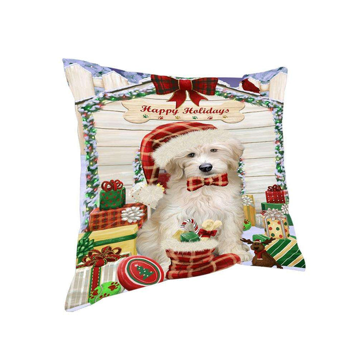 Happy Holidays Christmas Goldendoodle Dog With Presents Pillow PIL66780