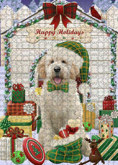 Happy Holidays Christmas Goldendoodle Dog With Presents Puzzle with Photo Tin PUZL61893