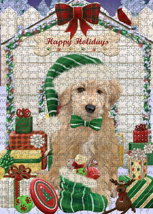 Happy Holidays Christmas Goldendoodle Dog With Presents Puzzle with Photo Tin PUZL61896