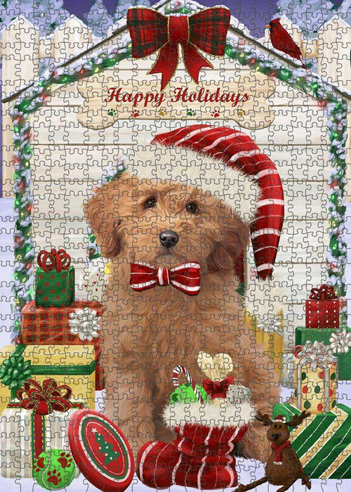 Happy Holidays Christmas Goldendoodle Dog With Presents Puzzle with Photo Tin PUZL61902