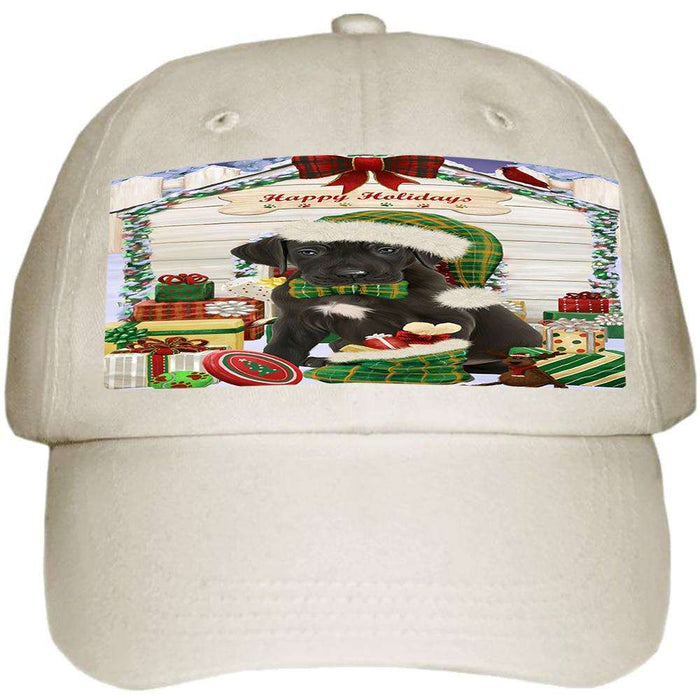 Happy Holidays Christmas Great Dane Dog House with Presents Ball Hat Cap HAT58005