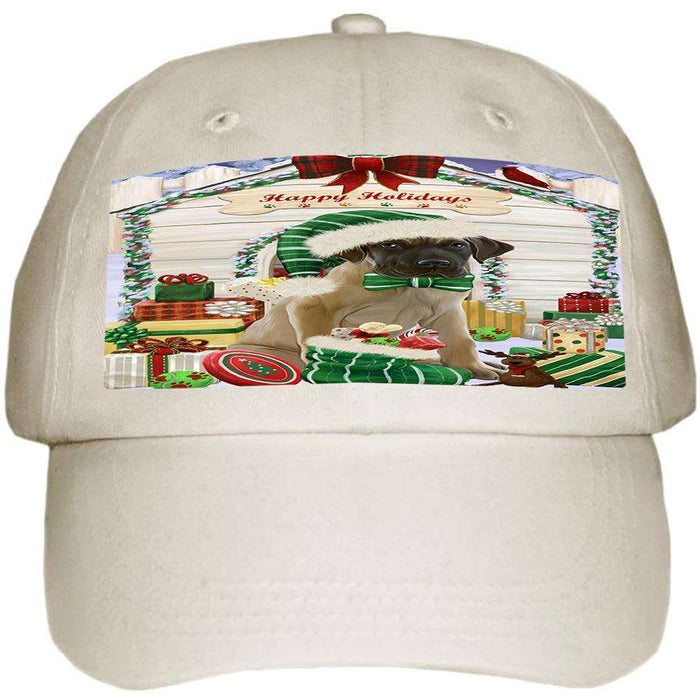 Happy Holidays Christmas Great Dane Dog House with Presents Ball Hat Cap HAT58008