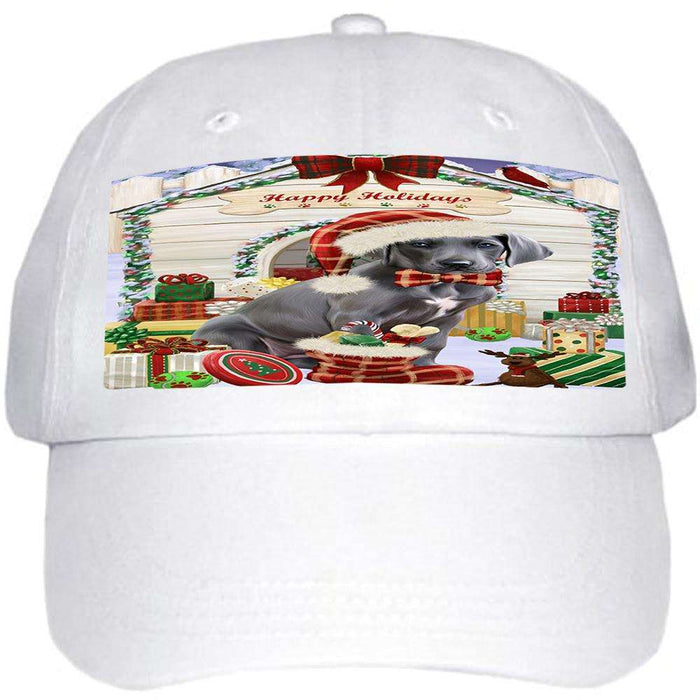 Happy Holidays Christmas Great Dane Dog House with Presents Ball Hat Cap HAT58011