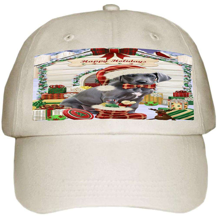 Happy Holidays Christmas Great Dane Dog House with Presents Ball Hat Cap HAT58011