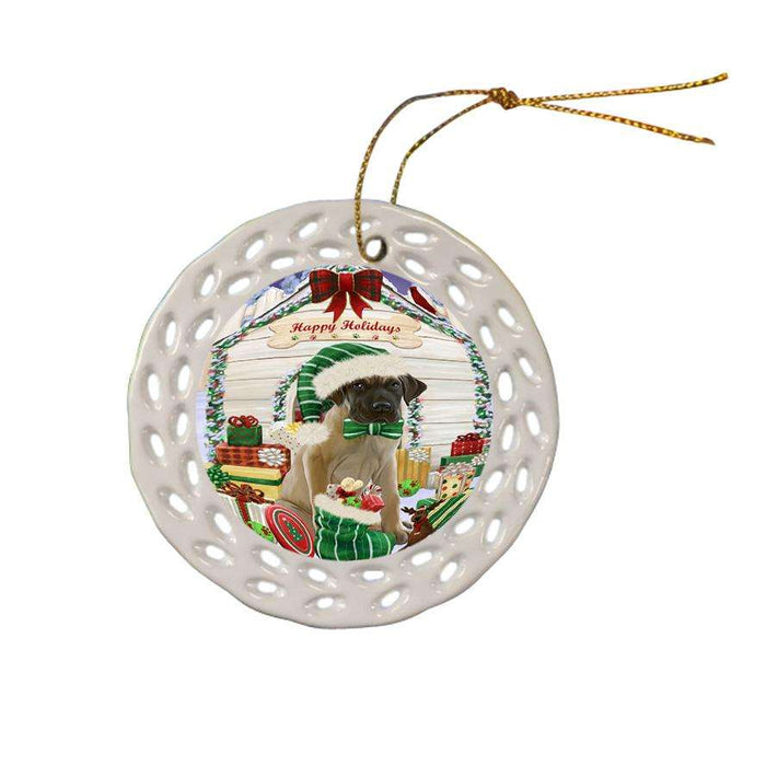 Happy Holidays Christmas Great Dane Dog House with Presents Ceramic Doily Ornament DPOR51425