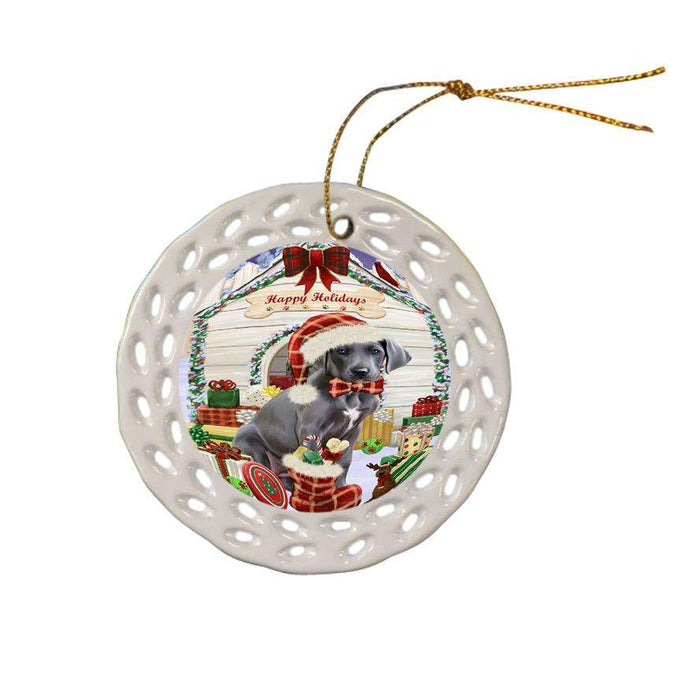Happy Holidays Christmas Great Dane Dog House with Presents Ceramic Doily Ornament DPOR51426