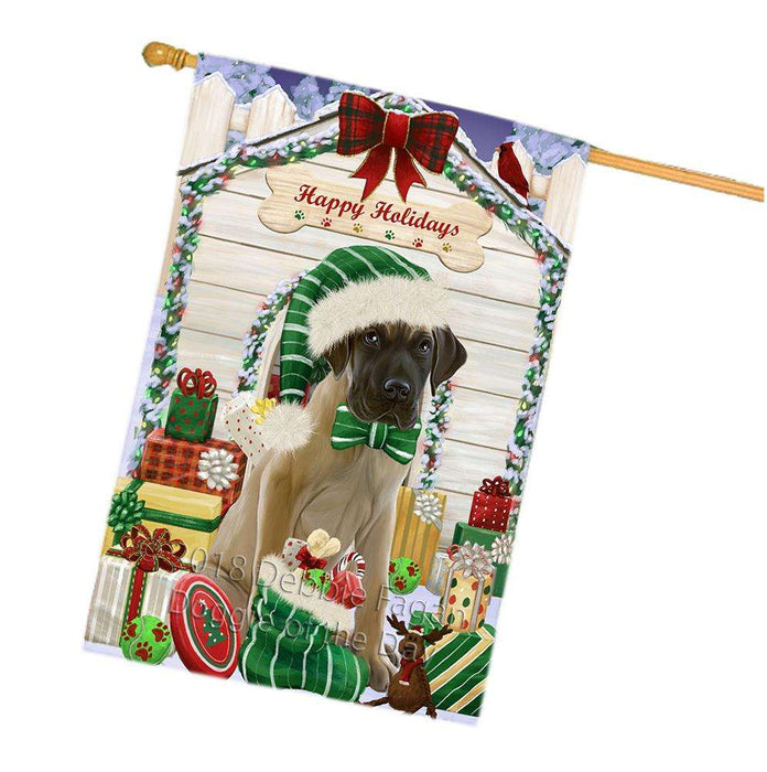 Happy Holidays Christmas Great Dane Dog House with Presents House Flag FLG51498