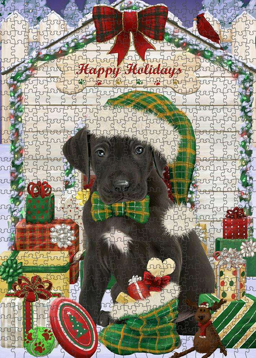 Happy Holidays Christmas Great Dane Dog House with Presents Puzzle with Photo Tin PUZL58179