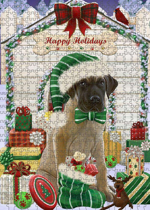 Happy Holidays Christmas Great Dane Dog House with Presents Puzzle with Photo Tin PUZL58182