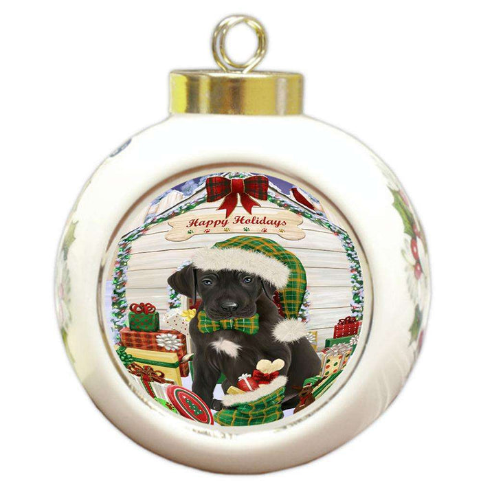 Happy Holidays Christmas Great Dane Dog House with Presents Round Ball Christmas Ornament RBPOR51424