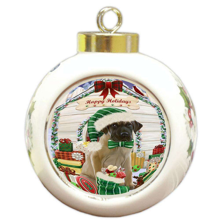 Happy Holidays Christmas Great Dane Dog House with Presents Round Ball Christmas Ornament RBPOR51425