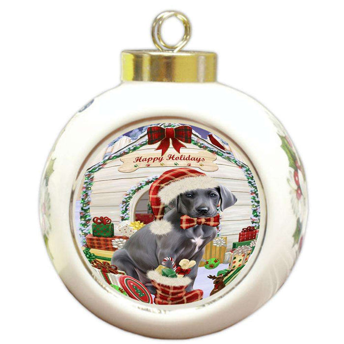 Happy Holidays Christmas Great Dane Dog House with Presents Round Ball Christmas Ornament RBPOR51426