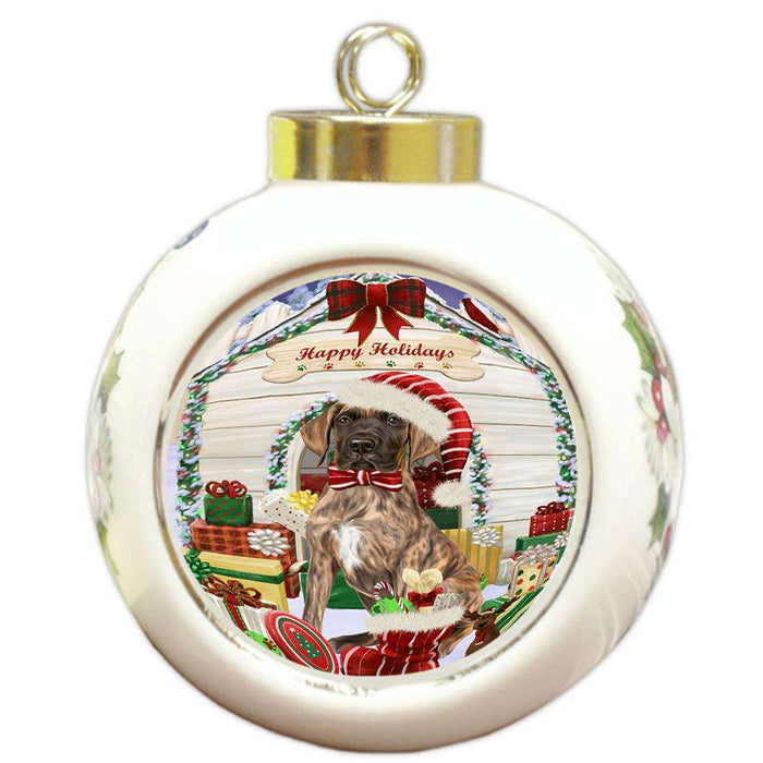 Happy Holidays Christmas Great Dane Dog House with Presents Round Ball Christmas Ornament RBPOR51427