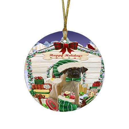 Happy Holidays Christmas Great Dane Dog House with Presents Round Flat Christmas Ornament RFPOR51416