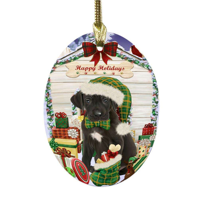 Happy Holidays Christmas Great Dane House With Presents Oval Glass Christmas Ornament OGOR49874