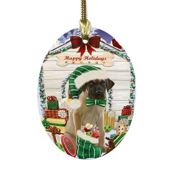 Happy Holidays Christmas Great Dane House With Presents Oval Glass Christmas Ornament OGOR49875