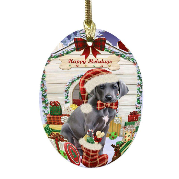 Happy Holidays Christmas Great Dane House With Presents Oval Glass Christmas Ornament OGOR49876