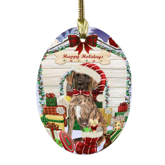 Happy Holidays Christmas Great Dane House With Presents Oval Glass Christmas Ornament OGOR49877