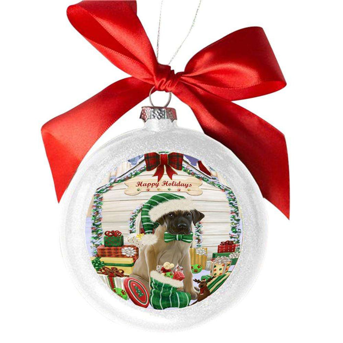 Happy Holidays Christmas Great Dane House With Presents White Round Ball Christmas Ornament WBSOR49875