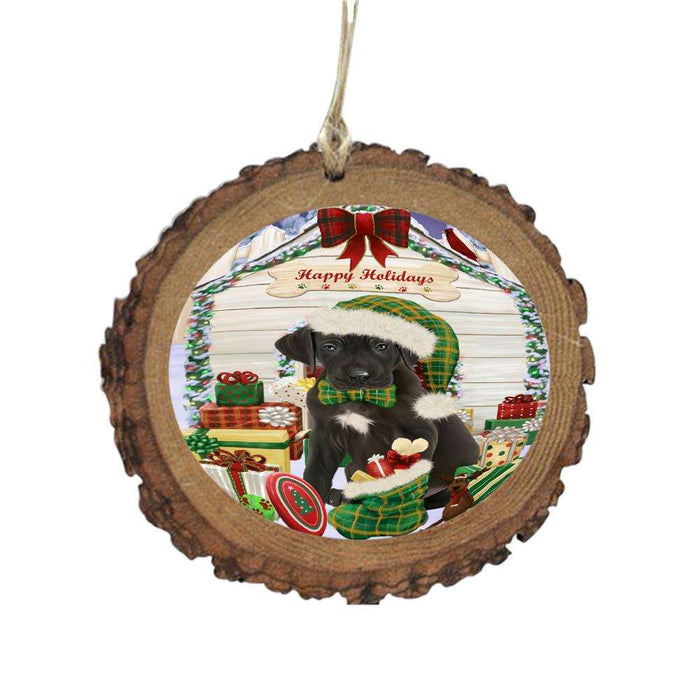 Happy Holidays Christmas Great Dane House With Presents Wooden Christmas Ornament WOR49874
