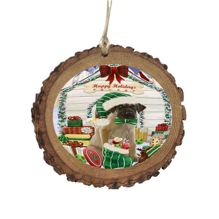 Happy Holidays Christmas Great Dane House With Presents Wooden Christmas Ornament WOR49875