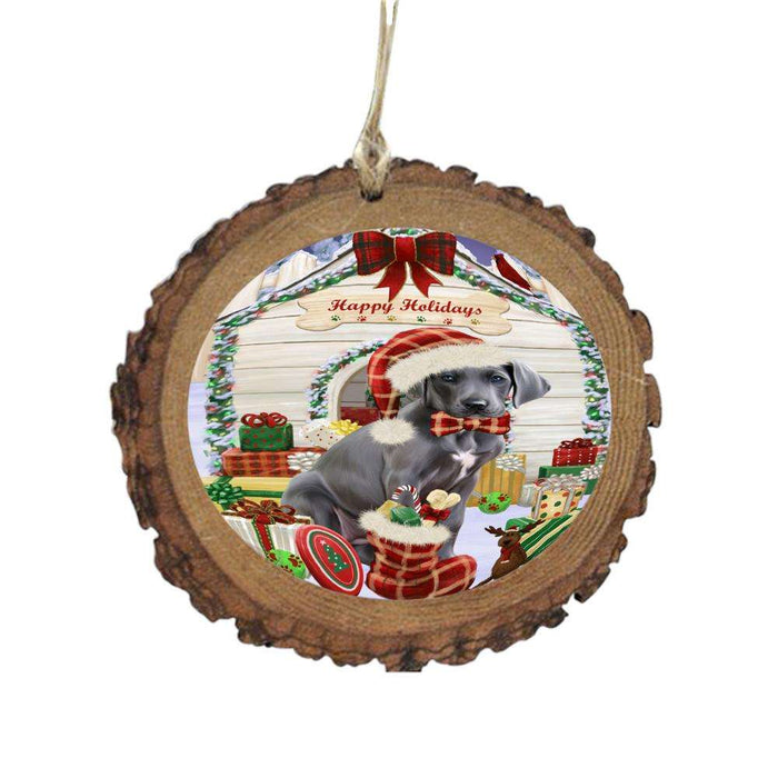 Happy Holidays Christmas Great Dane House With Presents Wooden Christmas Ornament WOR49876