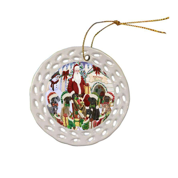 Happy Holidays Christmas Great Danes Dog House Gathering Ceramic Doily Ornament DPOR51454